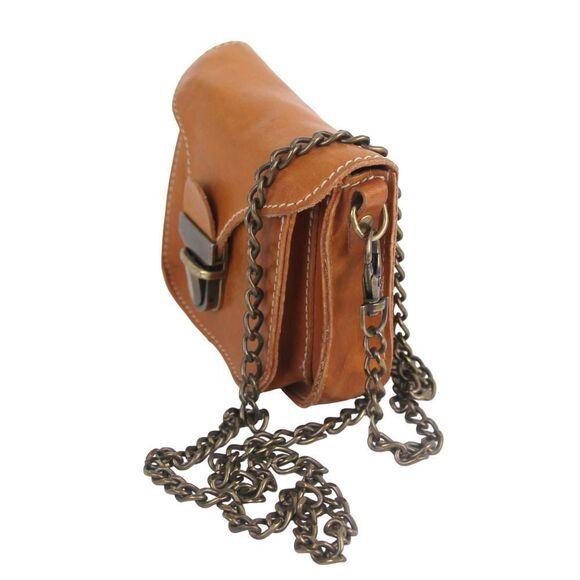Roots TAN BROWN GENUINE LEATHER CHAIN FLAP X-BODY SHOULDER BAG MINI PURSE CLUTCH - Picture 3 of 15
